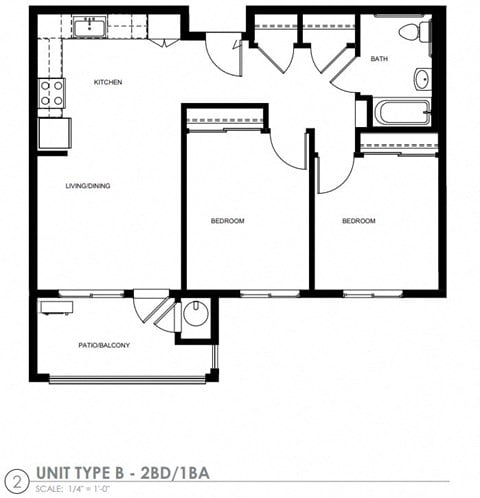Floor plan for 2 beds, 1 bath, 925 sqft